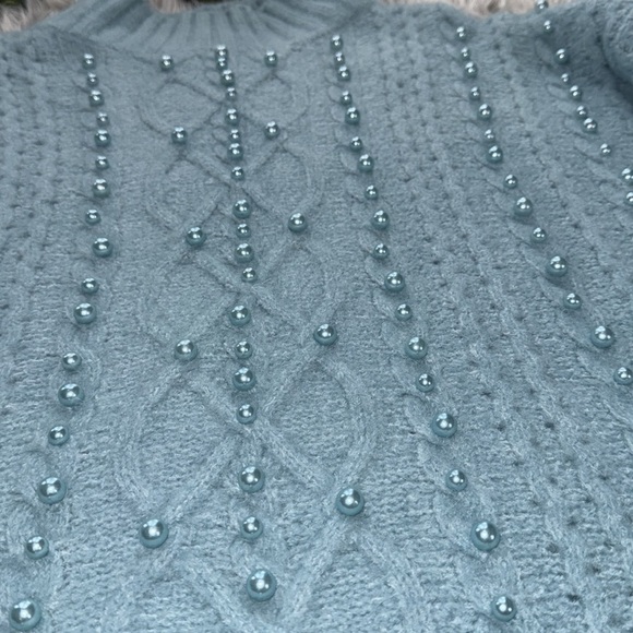 NWT Fate: Just A Thought Pearl Sky Blue Embellished Cable Knit Chunky Sweater - Picture 6 of 12